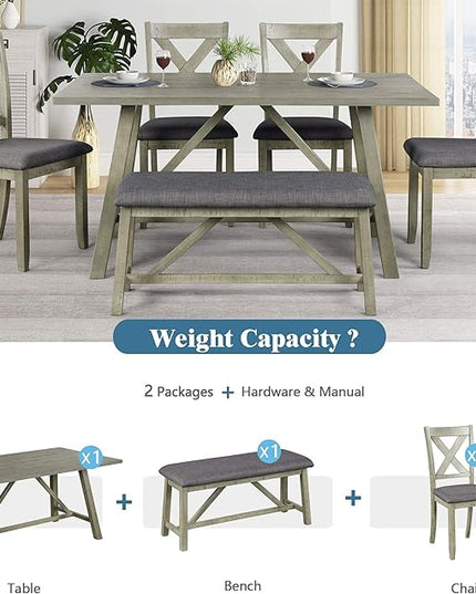Dining Room Table Set for 6, Wood Kitchen Table Set with 4 Upholstered Chairs & 1 Padded Bench, 6-Piece Rustic Style Dining Table and Chairs for Kitchen, Dining Room, Grey Green - LeafyLoom