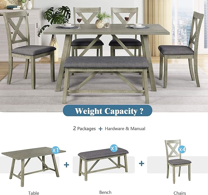 Dining Room Table Set for 6, Wood Kitchen Table Set with 4 Upholstered Chairs & 1 Padded Bench, 6-Piece Rustic Style Dining Table and Chairs for Kitchen, Dining Room, Grey Green - LeafyLoom