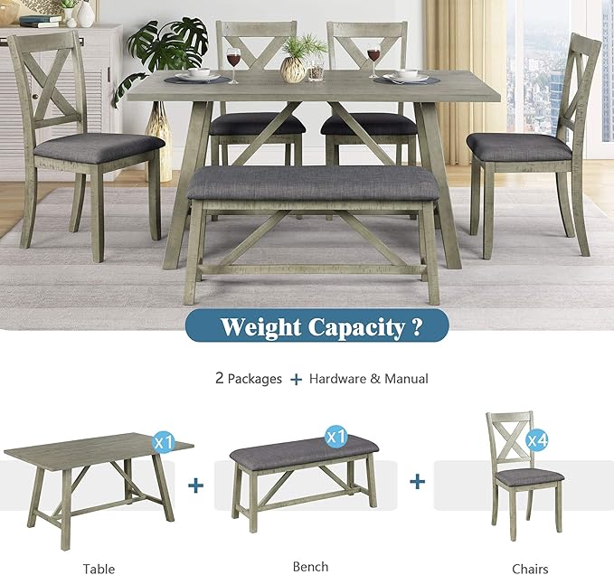 Dining Room Table Set for 6, Wood Kitchen Table Set with 4 Upholstered Chairs & 1 Padded Bench, 6-Piece Rustic Style Dining Table and Chairs for Kitchen, Dining Room, Grey Green - LeafyLoom