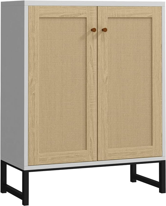 Panana Rattan Decorated 2 Doors Storage Cabinet Accent Cabinet Living Room Cupboard Kitchen Sideboard Buffet Table (White) - LeafyLoom