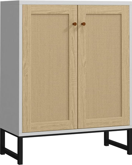 Panana Rattan Decorated 2 Doors Storage Cabinet Accent Cabinet Living Room Cupboard Kitchen Sideboard Buffet Table (White) - LeafyLoom