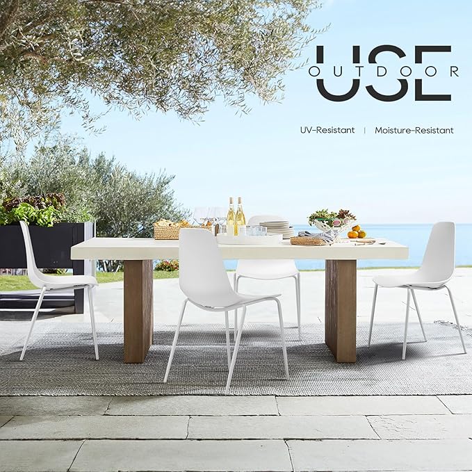 COLAMY Stackable Dining Chairs Set of 4, Indoor Outdoor Dining Room Side Chairs with Metal Legs, Modern Plastic Patio Chairs for Home/Kitchen/Office/Resturant/Bistro/Cafe, White - LeafyLoom