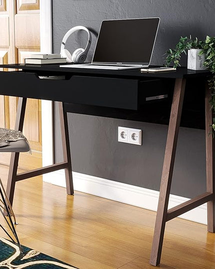 PARMA 42 Inch Modern Desk - Home & Office Small Computer Desk with Wide Drawer - Wooden Study Writing Minimalist Desk with Storage for Small Space, Bedroom & Workstations - Student Desk/Table (Black) - LeafyLoom
