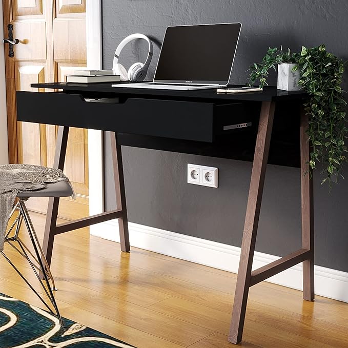 PARMA 42 Inch Modern Desk - Home & Office Small Computer Desk with Wide Drawer - Wooden Study Writing Minimalist Desk with Storage for Small Space, Bedroom & Workstations - Student Desk/Table (Black) - LeafyLoom