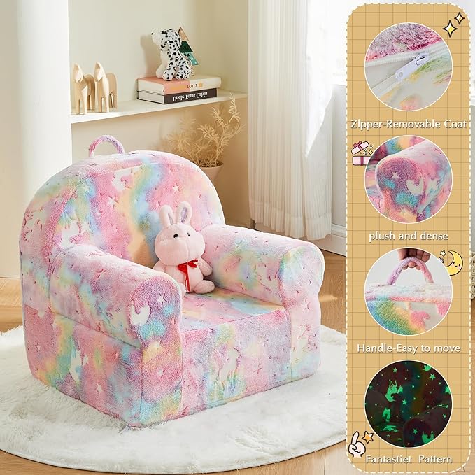 Toddler Chair Kids Plush Chair Sherpa Kids Chairs, Toddler Couch Bean Bag Chairs for Kids Gaming Chair for Kids Glow in The Dark, Rainbow Pink - LeafyLoom