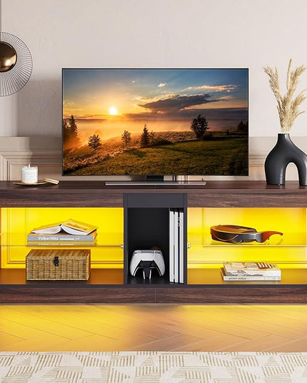Bestier 55 Inch TV Stand with LED light, Adjustable Glass Shelves, 22 Dynamic RGB Colors, P2 Particle Board, for Entertainment Center, Living Room, Gaming Room, and Bedroom, Dark Walnut - LeafyLoom