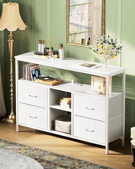 TV Stand Dresser with Power Outlets and LED Lights, 4 Drawers Entertainment Center with Open Shelf, Media Console for 50 43 Inch TV, Dresser with PU Finish, White - LeafyLoom