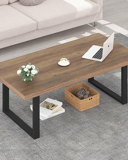 IBF Farmhouse Coffee Table, Modern Minimalist Wood Coffee Table for Living Room, Simple Industrial Rectangle Center Table, Wood and Metal Tea Coffee Table for Home Bedroom Office, Rustic Oak, 47 inch - LeafyLoom