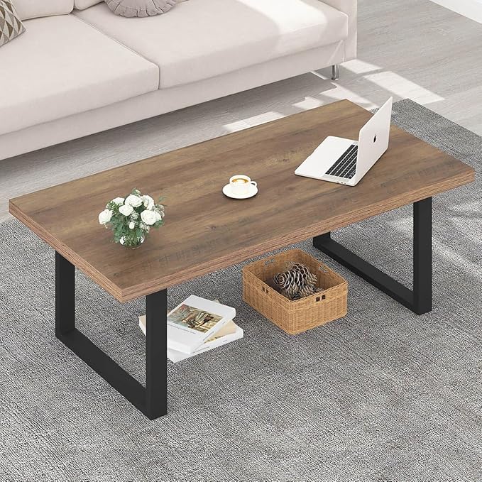 IBF Farmhouse Coffee Table, Modern Minimalist Wood Coffee Table for Living Room, Simple Industrial Rectangle Center Table, Wood and Metal Tea Coffee Table for Home Bedroom Office, Rustic Oak, 47 inch - LeafyLoom