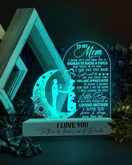 Mom 3D Illusion Lamp w/Wooden Base USB Powered, Mom Acrylic Night Light, to My Mom Gift from Daughter, Bonus Mom Stepmom Gift, Lamp Present for Mom Mother, Gift for Birthday Mothers Day - LeafyLoom