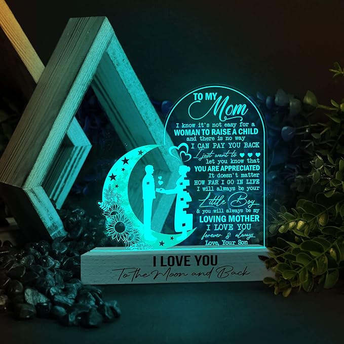 Mom 3D Illusion Lamp w/Wooden Base USB Powered, Mom Acrylic Night Light, to My Mom Gift from Daughter, Bonus Mom Stepmom Gift, Lamp Present for Mom Mother, Gift for Birthday Mothers Day - LeafyLoom