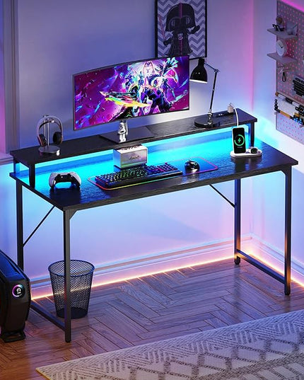 SUPERJARE 55 inch Computer Desk with LED Lights & Power Outlets, Gaming Desk with Monitor Shelf, Small Office Desk for Home & Office, Black - LeafyLoom
