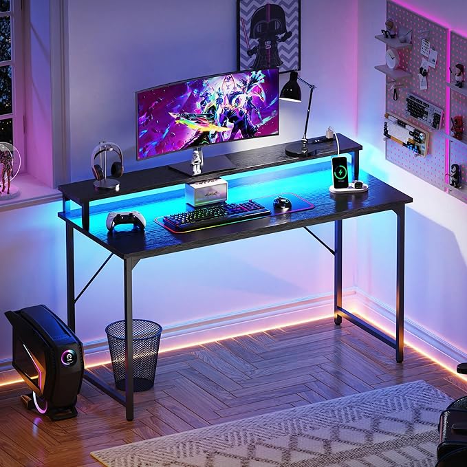 SUPERJARE 55 inch Computer Desk with LED Lights & Power Outlets, Gaming Desk with Monitor Shelf, Small Office Desk for Home & Office, Black - LeafyLoom