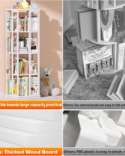Aheaplus Rotating Bookshelf, Corner Bookshelf, 360 Display Wood Spinning Bookshelf, Floor Standing Bookcase Narrow Shelf Revolving Organizer Storage Rack for Small Space, Bedroom, Study Room, White - LeafyLoom
