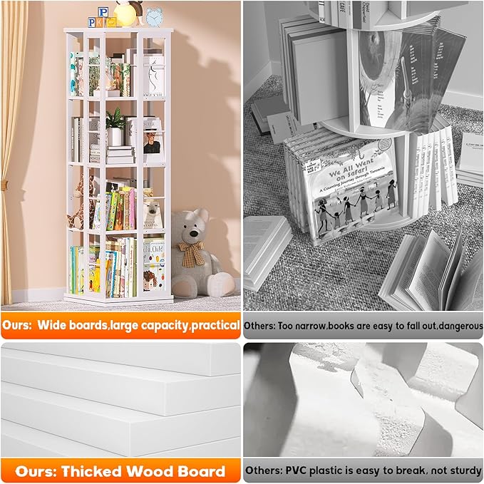 Aheaplus Rotating Bookshelf, Corner Bookshelf, 360 Display Wood Spinning Bookshelf, Floor Standing Bookcase Narrow Shelf Revolving Organizer Storage Rack for Small Space, Bedroom, Study Room, White - LeafyLoom