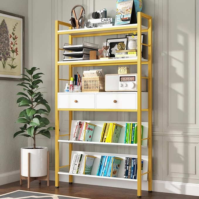 Bookshelf with Drawers- Widen Industrial Book Shelf with Bookend, 5 Tiers Tall Storage Shelves, Steel Frame Display Rack, Suitable for Bedroom, Office, Living Room-27'' Depth White - LeafyLoom