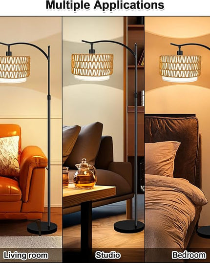 Arc Floor Lamp for Living Room with 3 Color Temperatures, Farmhouse Floor Lamps with Remote & Dimmable Bulb, Rattan Boho Standing Lamp with Fabric Shades, Adjustable Tall Lamp for Bedroom Office - LeafyLoom