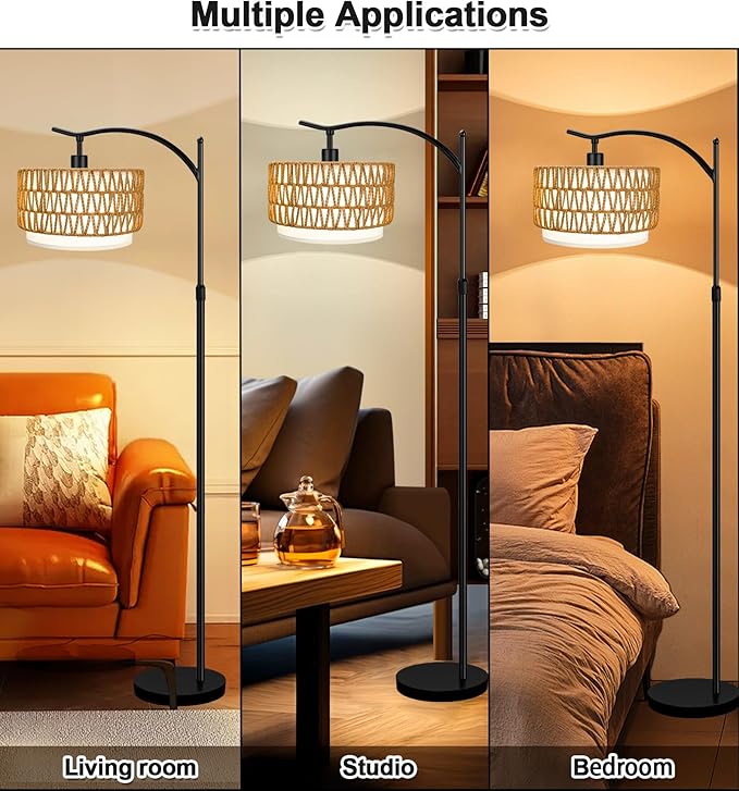 Arc Floor Lamp for Living Room with 3 Color Temperatures, Farmhouse Floor Lamps with Remote & Dimmable Bulb, Rattan Boho Standing Lamp with Fabric Shades, Adjustable Tall Lamp for Bedroom Office - LeafyLoom
