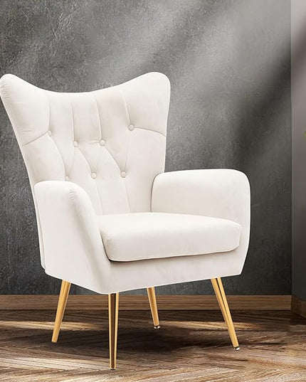 US Pride Furniture Modern Accent Chair with Ergonomic High Wingback, Microfiber Upholstered Armchair with Metal Legs for Living Room, Bedroom, Office or Vanity, Ivory - LeafyLoom