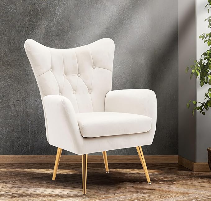 US Pride Furniture Modern Accent Chair with Ergonomic High Wingback, Microfiber Upholstered Armchair with Metal Legs for Living Room, Bedroom, Office or Vanity, Ivory - LeafyLoom