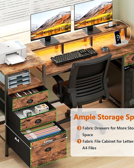 Furologee Computer Desk with Drawers, 60" Office Long Desk with Fabric File Cabinet and Power Outlets, Gaming Desk with LED Lights, Study Writing Work Desk for Home Office, Rustic Brown - LeafyLoom