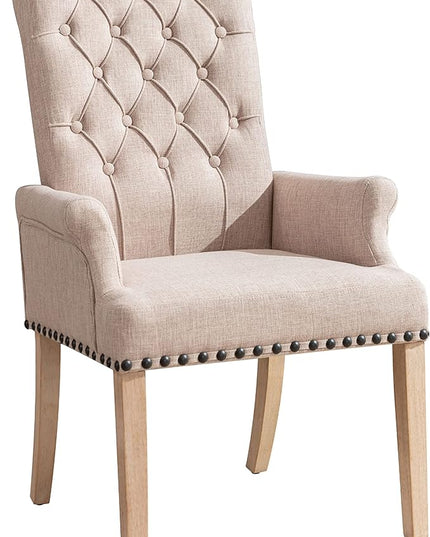 Dining Room Chairs with Arms,Tufted Upholstered High Back Nailed Trim with Untique Oak Wood Legs for Kitchen Restaurant Room Bedroom Ivory Brown - LeafyLoom