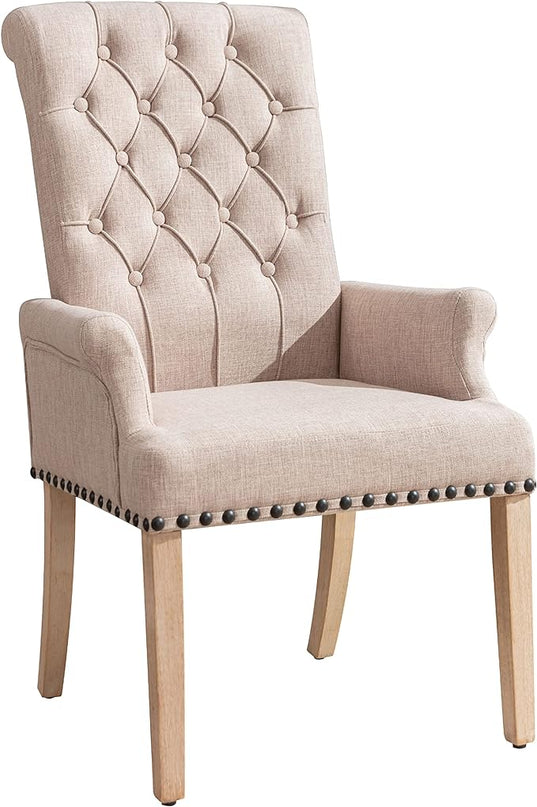 Dining Room Chairs with Arms,Tufted Upholstered High Back Nailed Trim with Untique Oak Wood Legs for Kitchen Restaurant Room Bedroom Ivory Brown - LeafyLoom