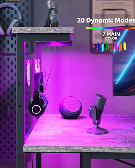 Bestier Gaming Desk with LED Lights, Computer Desk with 4 Tiers Reversible Shelves, 51.3 Inch Home Office Writing Desk with Side Storage Bag, Hooks and Height Adjustable Shelf (Retro Grey Oak) - LeafyLoom