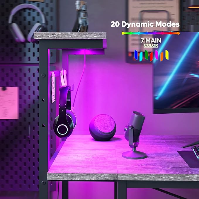 Bestier Gaming Desk with LED Lights, Computer Desk with 4 Tiers Reversible Shelves, 51.3 Inch Home Office Writing Desk with Side Storage Bag, Hooks and Height Adjustable Shelf (Retro Grey Oak) - LeafyLoom