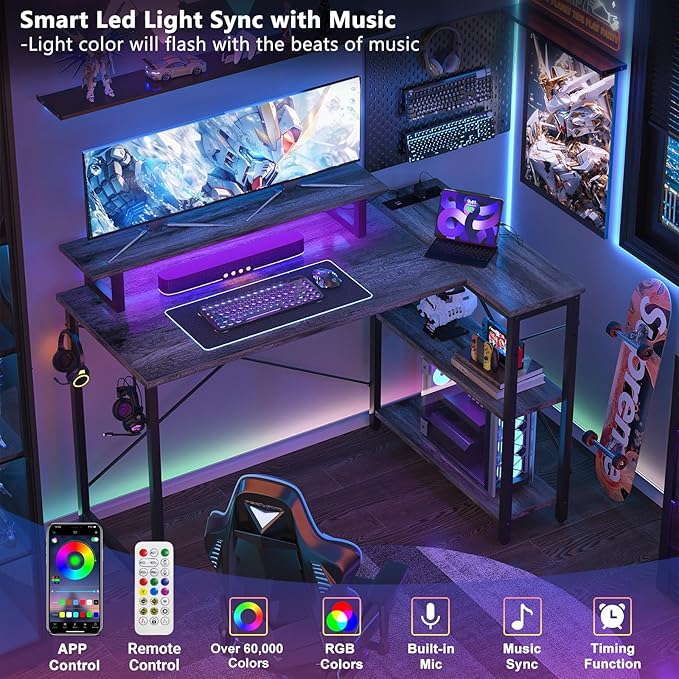 Homieasy L Shaped Gaming Desk with Power Outlet & LED Light, 47 Inch Computer Desk with Storage Shelves, Reversible Corner Desk with Monitor Stand Headset Hooks for Home Office, Black Oak - LeafyLoom