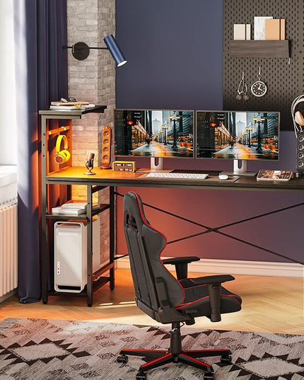 Bestier Gaming Desk with Shelves, 61 Inch Large PC Gaming Table with LED Lights, Led Gamer Desk with 4 Tiers Reversible Storage Shelves for Game & Bedroom Room (Black Grained) - LeafyLoom
