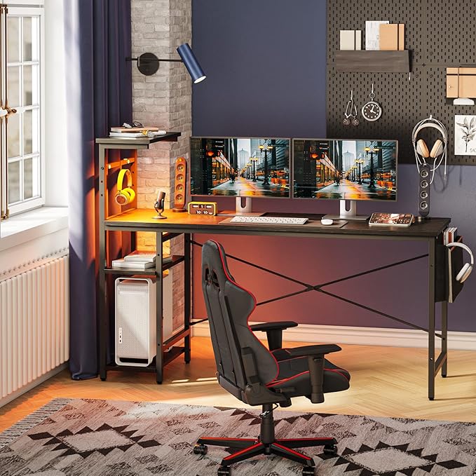 Bestier Gaming Desk with Shelves, 61 Inch Large PC Gaming Table with LED Lights, Led Gamer Desk with 4 Tiers Reversible Storage Shelves for Game & Bedroom Room (Black Grained) - LeafyLoom