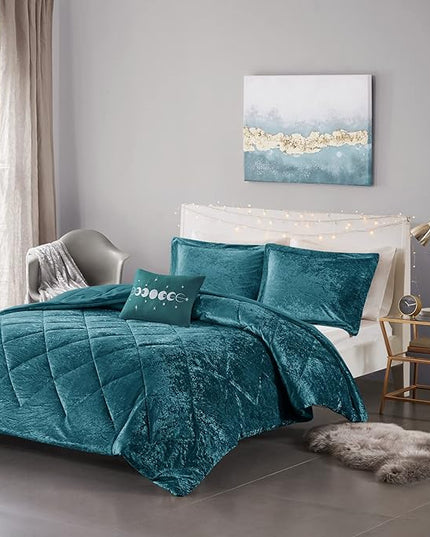 Intelligent Design King Duvet Cover Set, Velvet King Duvet Set, Luxury Diamond Quilting Teal Duvet Cover, Fluffy Duvet Cover with Decorative Pillow and 2 Shams, 4 Pieces, Teal, King/Cal King - LeafyLoom