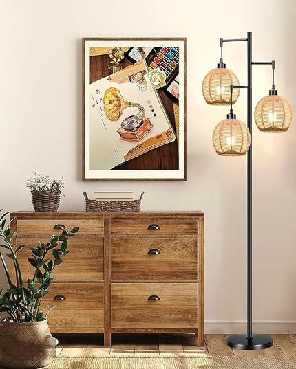 Floor Lamp for Living Room,Bedroom,Boho Rattan Floor Lights,Tree 3 Bulb Standing Lamp Farmhouse Industrial Black Tall Lamp,Wicker Bamboo Lamp Shade Flower Floor Lamps Bohemian Decor - LeafyLoom
