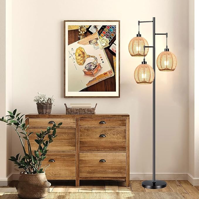 Floor Lamp for Living Room,Bedroom,Boho Rattan Floor Lights,Tree 3 Bulb Standing Lamp Farmhouse Industrial Black Tall Lamp,Wicker Bamboo Lamp Shade Flower Floor Lamps Bohemian Decor - LeafyLoom