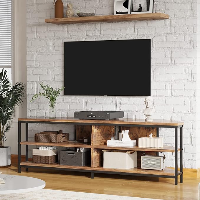 MUTUN Corner TV Stand with Power Outlet, Corner TV Stand for 32 43 50 55 60 Inch TV, Corner Entertainment Center, Industrial TV Console Table for Living Room Bedroom, 55 Inch, Rustic Brown - LeafyLoom