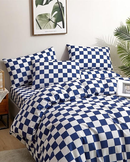 Wellboo Blue and White Comforter Sets Twin Women Men Diamond Royal Blue Checkerboard Grid Bedding Comforters Cotton Modern Jewelry Blue Checkered Geometric Quilts Luxury Sapphire Buffalo Plaid Bed - LeafyLoom