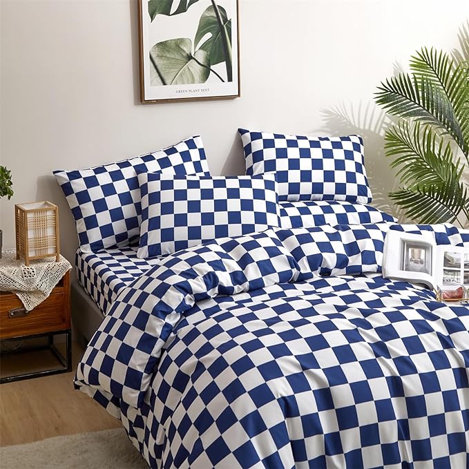 Wellboo Blue and White Comforter Sets Twin Women Men Diamond Royal Blue Checkerboard Grid Bedding Comforters Cotton Modern Jewelry Blue Checkered Geometric Quilts Luxury Sapphire Buffalo Plaid Bed - LeafyLoom