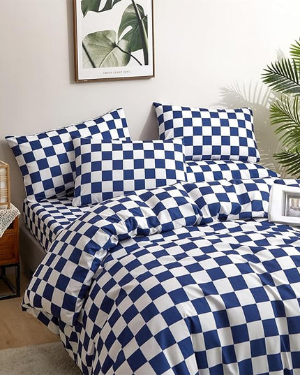 Wellboo Blue and White Comforter Sets King Women Men Diamond Royal Blue Checkerboard Grid Bedding Comforters Cotton Modern Jewelry Blue Checkered Geometric Quilts Luxury Sapphire Buffalo Plaid Bed - LeafyLoom
