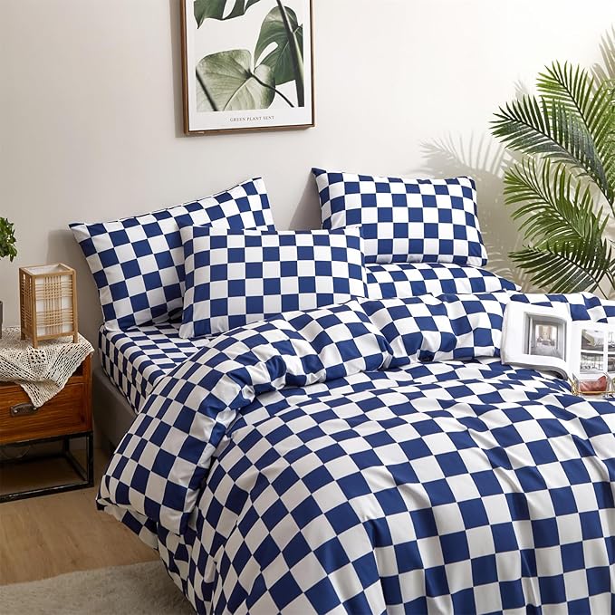 Wellboo Blue and White Comforter Sets King Women Men Diamond Royal Blue Checkerboard Grid Bedding Comforters Cotton Modern Jewelry Blue Checkered Geometric Quilts Luxury Sapphire Buffalo Plaid Bed - LeafyLoom