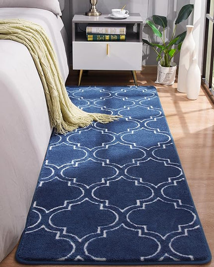 Chicrug Shag Geometric Modern Runner Rug for Bedroom, 2x6 Feet Memory Foam Indoor Hallway Runner Carpet, Fluffy Rug for Living Room Bedside Room Decor for Family, Navy/White - LeafyLoom