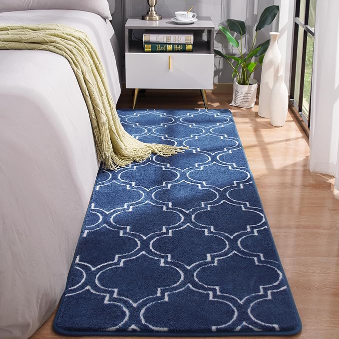 Chicrug Shag Geometric Modern Runner Rug for Bedroom, 2x6 Feet Memory Foam Indoor Hallway Runner Carpet, Fluffy Rug for Living Room Bedside Room Decor for Family, Navy/White - LeafyLoom