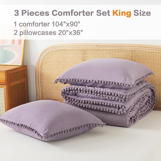 Litanika King Size Comforter Set Grey Purple,3 Pieces Grey Purple Boho Pom Pom Lightweight Bed Comforter, All Season Solid Color Bedding Comforter Sets (1 Comforter 104x90 Inch, 2 Pillowcases) - LeafyLoom