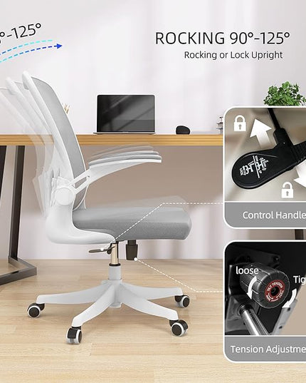 Office Chair - Ergonomic Office Chair with Lumbar Support & Flip Up Arms Home Office Desk Chairs Rockable Swivel High Back Computer Chair White Frame Grey Mesh Study Chair - LeafyLoom