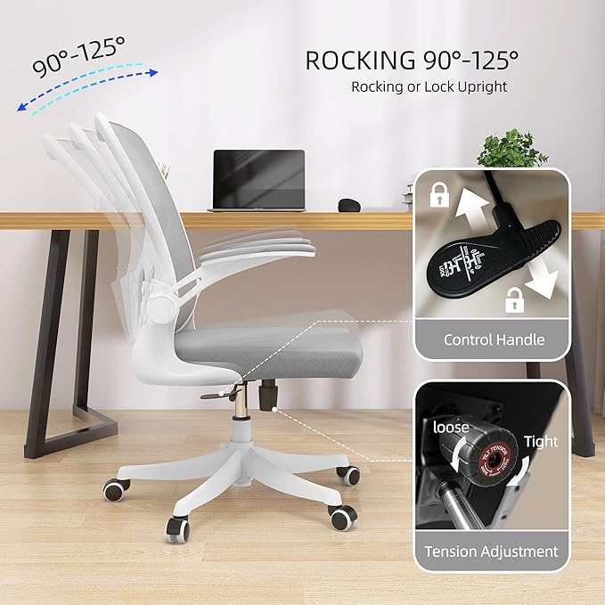 Office Chair - Ergonomic Office Chair with Lumbar Support & Flip Up Arms Home Office Desk Chairs Rockable Swivel High Back Computer Chair White Frame Grey Mesh Study Chair - LeafyLoom