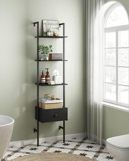 Tajsoon Ladder Shelf, Tall Bookcase with Storage Drawers, 4-Tier Wood Wall Mounted Bookshelf, Open Display Rack, Storage Shelves for Bedroom, Home Office, Collection, Plant Flower, Black - LeafyLoom