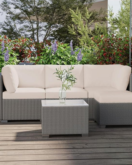 GAOMON 5-Piece Outdoor Patio Rattan Wicker Sofa Set, Pe Rattan Conversation Sectional with Thickened Back Cushion, Glass Tabletop, Ottoman - Ideal for Courtyard Space, Beige - LeafyLoom