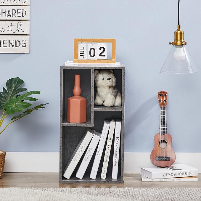 VECELO Small Bookshelf, 3 Cube Shelf, Fits Tallest Hardcovers, Horizontal Available, Modern Storage Organzier for small spaces, Modern Gray - LeafyLoom