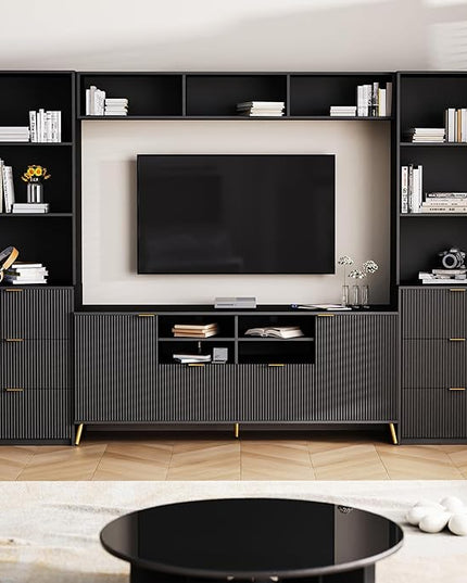 Merax 4-Piece Entertainment Wall Unit with 13 shelves, 8 Drawers, and 2 Cabinets, Multifunctional TV Stand Media Storage Cabinet with Fluted Line Surface for Living Room, Black - LeafyLoom