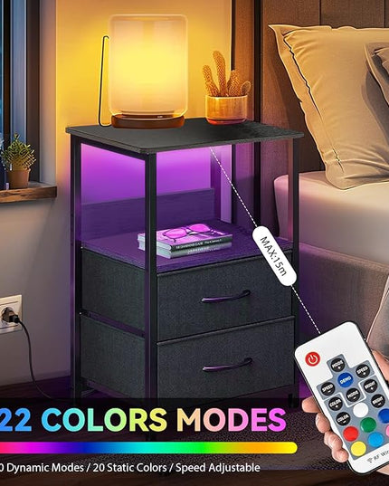 Nightstand with Charging Station, Bedside Table with Fabric Drawers, End Table with Open Shelf, Side Table with USB Ports & Outlets, Night Stand for Bedroom, Black - LeafyLoom